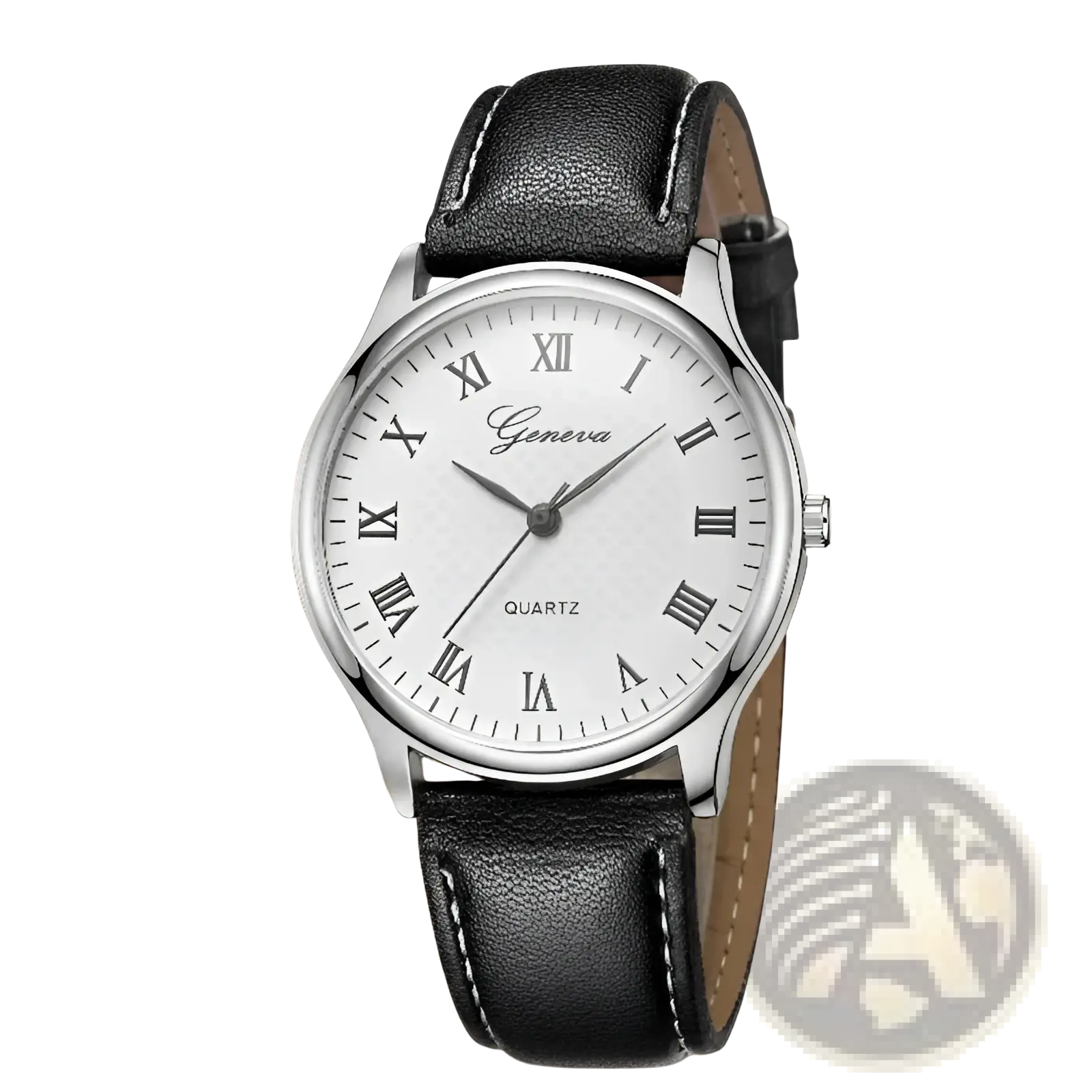 Minimalist leather quartz watch for men and women with a silver-toned case, white dial, black roman numerals, and black leather strap
