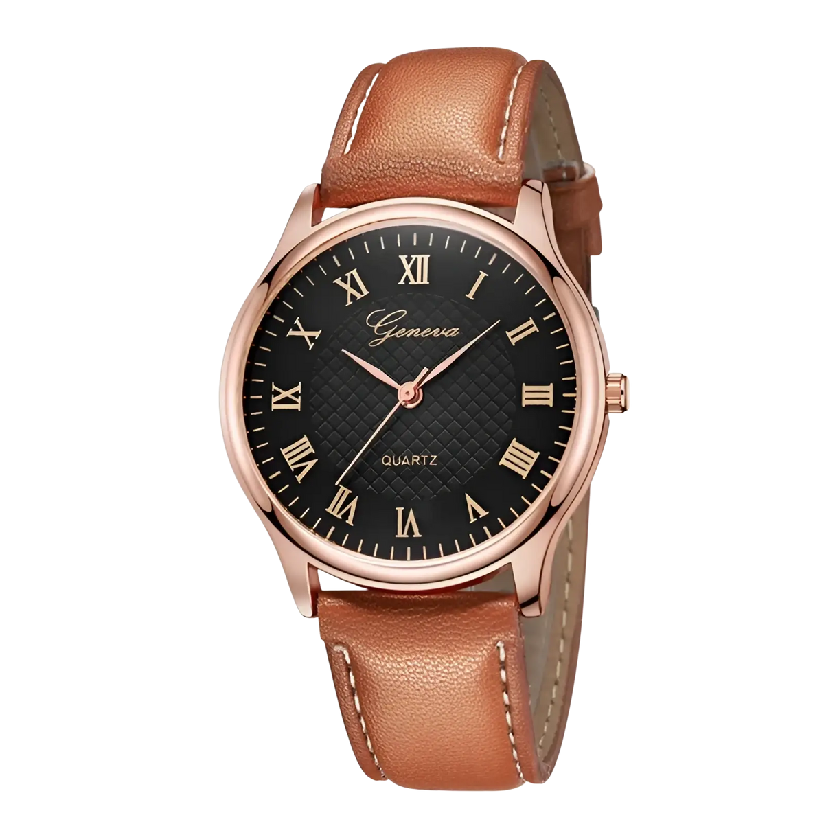 Minimalist leather quartz watch for men and women with rose gold case, black roman numeral dial, and tan leather strap