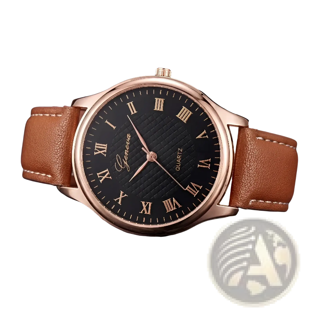 Minimalist leather quartz watch for men and women with rose gold generva case, black roman dial, and tan leather strap