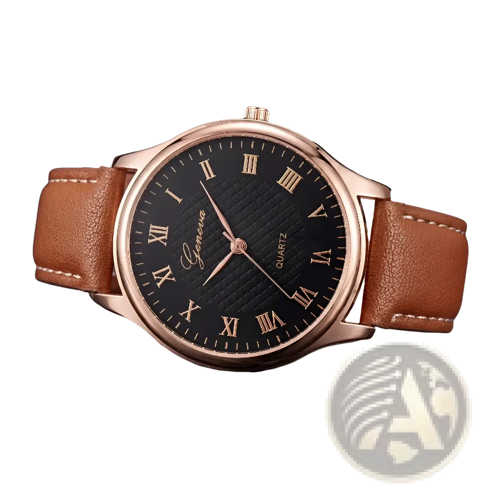 Minimalist leather quartz watch for men and women with rose gold generva case, black roman dial, and tan leather strap