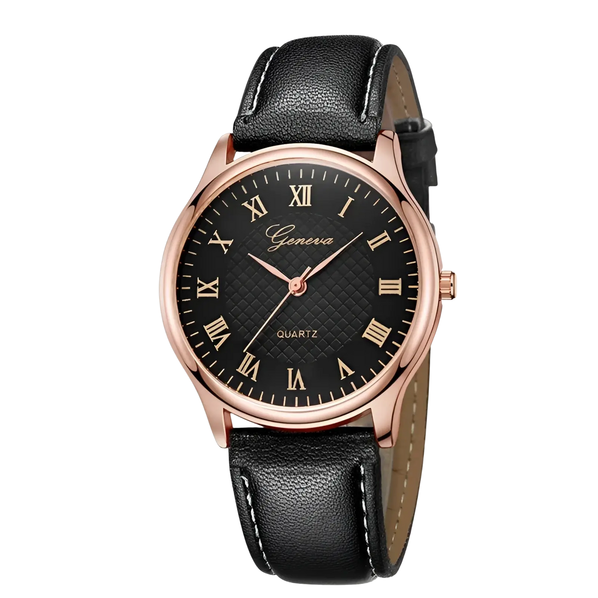 Minimalist leather quartz watch for men and women with rose gold-toned Geneva case, black leather strap, and roman numeral dial