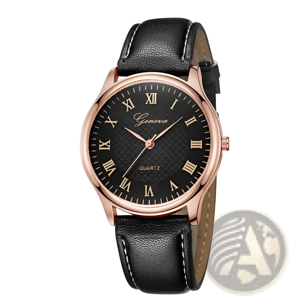 Minimalist leather quartz watch with rose gold-toned case black leather strap and roman numeral dial for men and women