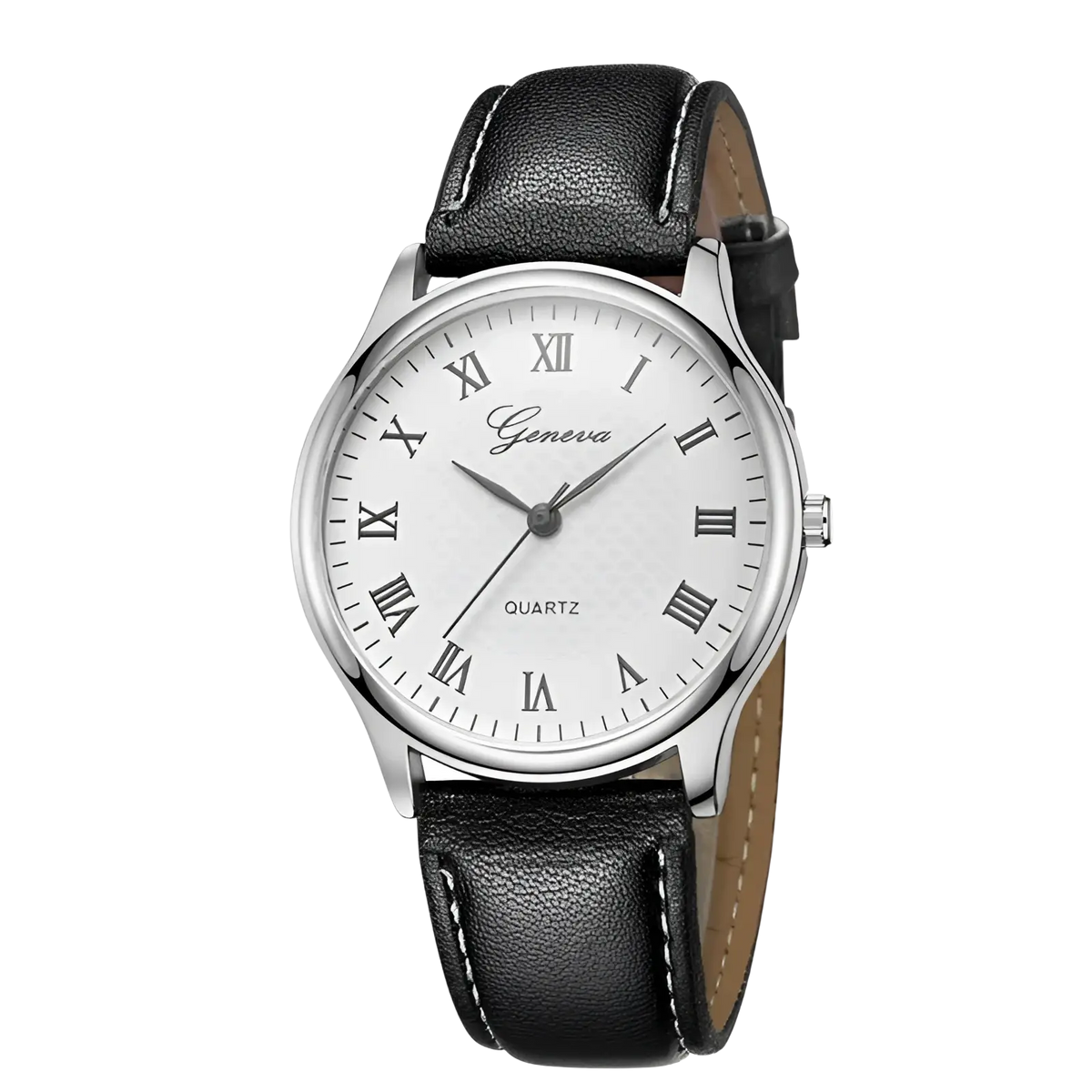 Minimalist leather quartz watch men women featuring silver geneva case white dial black roman numerals black strap