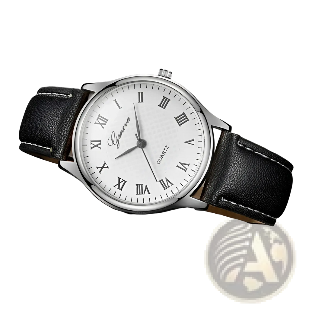 Minimalist leather quartz watch for men and women with silver-toned Geneva case white dial and black leather strap