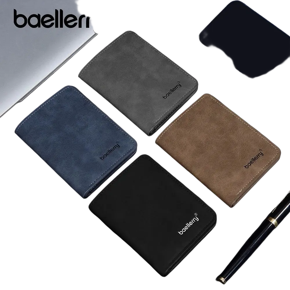 Baellerry minimalist leather wallet for men in gray navy blue brown and black suede with stitched edges