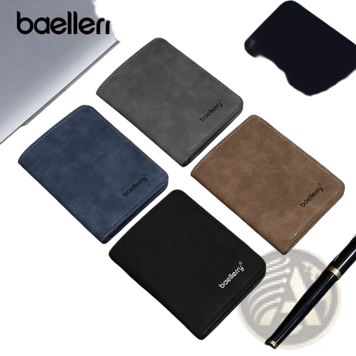 Baellerry minimalist leather wallet for men in gray navy blue brown and black suede with stitched edges