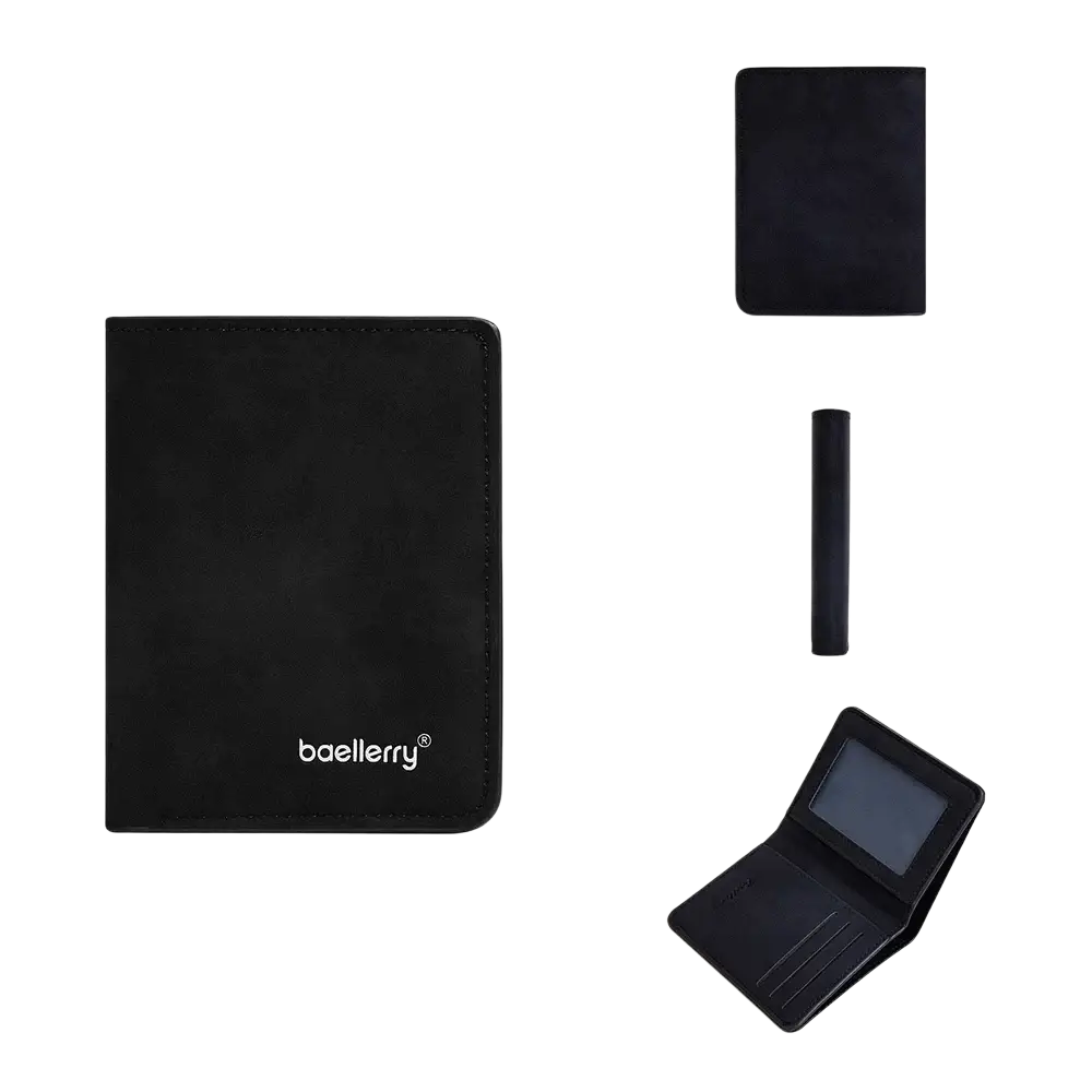 Black baellerry minimalist leather wallet for men with matte finish and subtle stitching along the edges