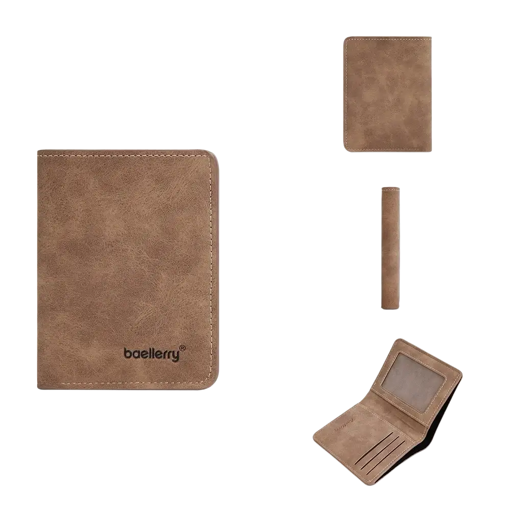 Minimalist leather wallet for men in brown faux leather with stitched edges and clear id window