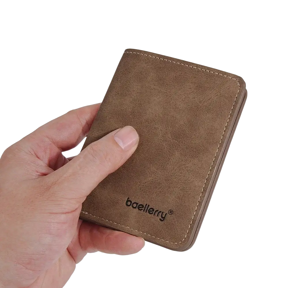 Minimalist leather wallet for men in brown faux leather with stitched edges and subtle embossed branding