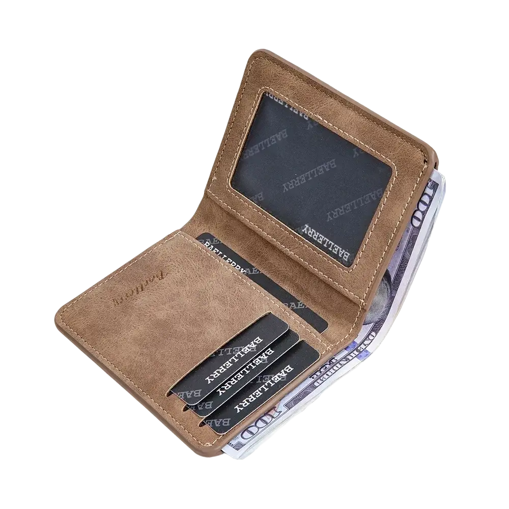 Minimalist leather wallet for men brown faux leather with stitched edges card slots and transparent id window