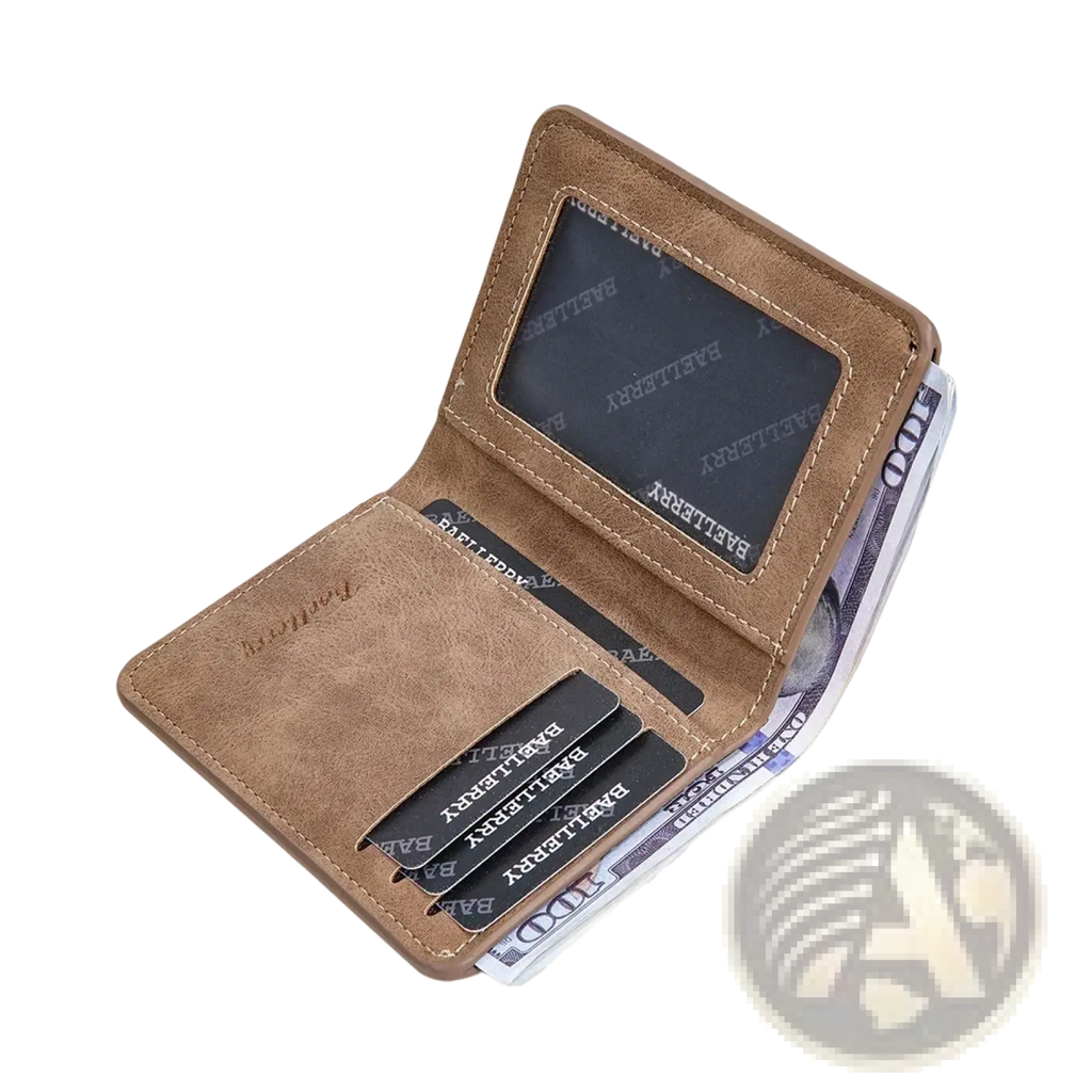 Minimalist leather wallet for men brown faux leather with stitched edges card slots and transparent id window