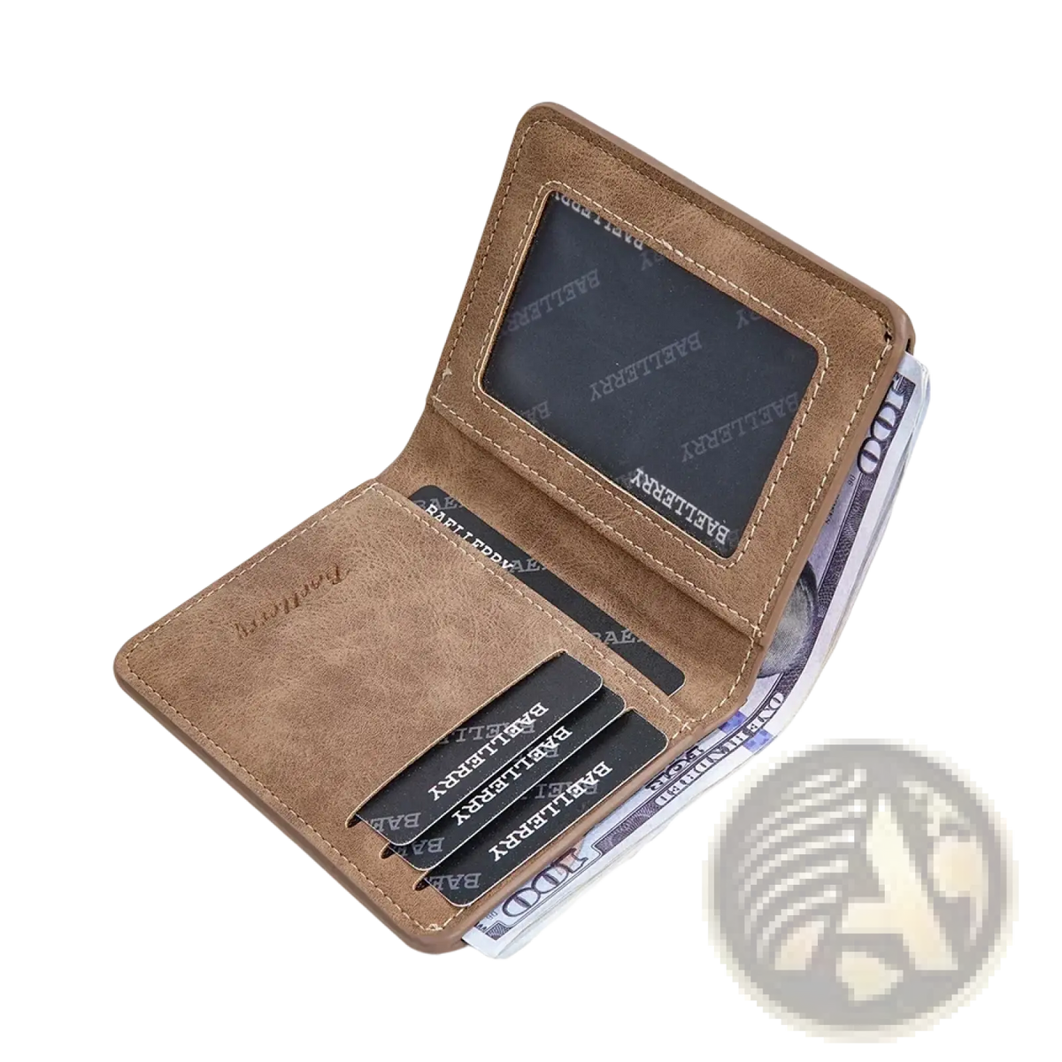 Minimalist leather wallet for men brown faux leather with stitched edges card slots and transparent id window