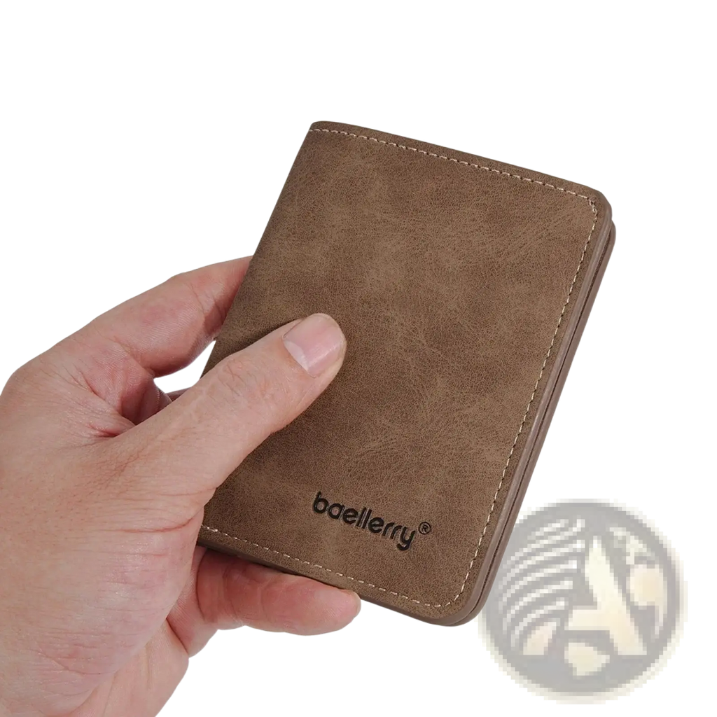 Minimalist leather wallet for men in brown faux leather with stitched edges and subtle embossed branding