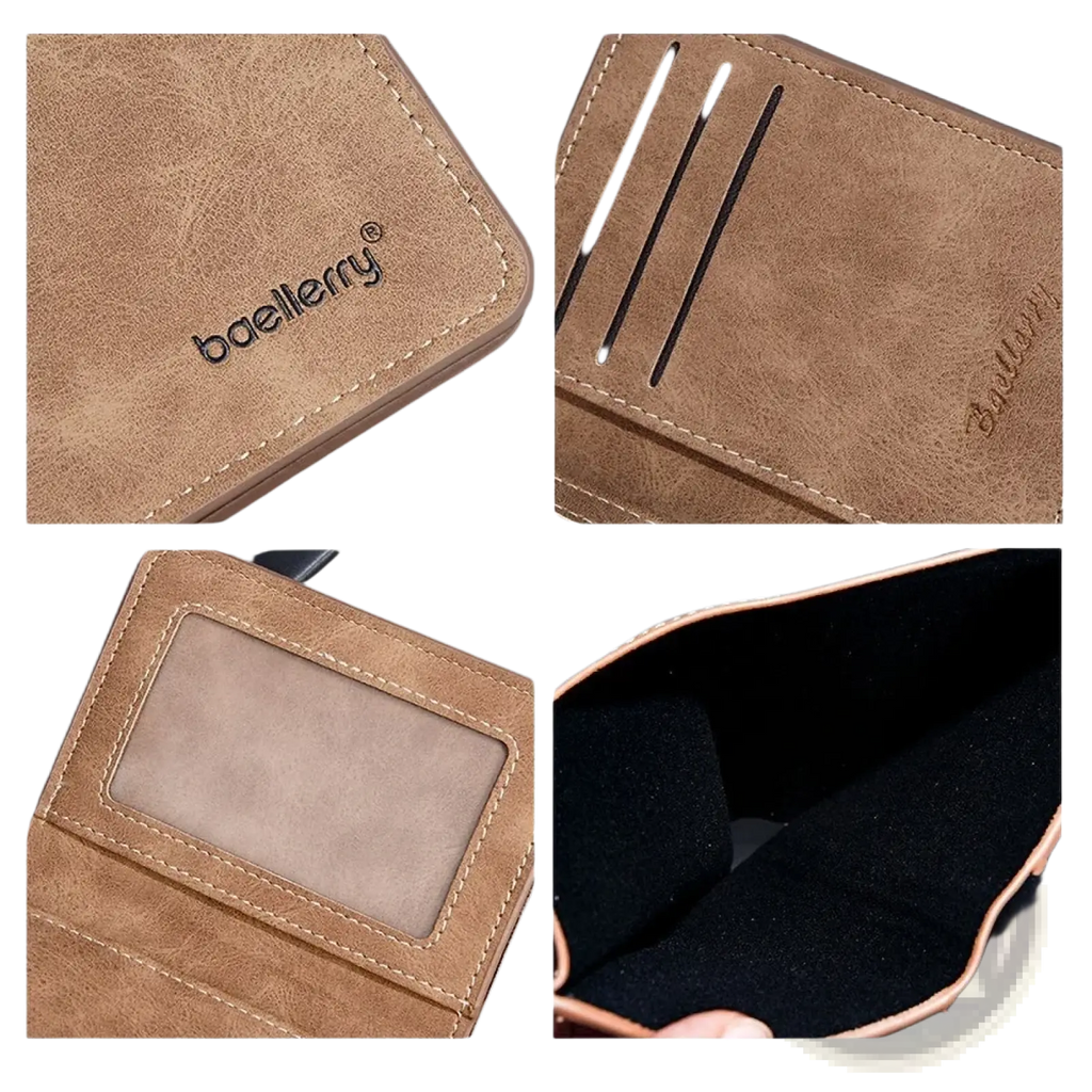 Minimalist leather wallet for men in brown faux leather with stitched edges card slots and clear id window