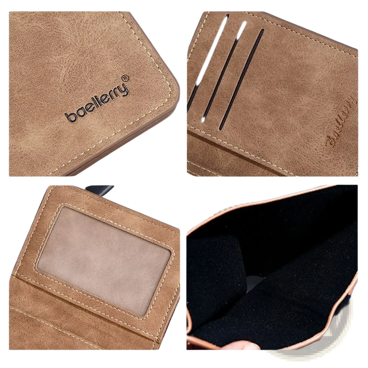 Minimalist leather wallet for men in brown faux leather with stitched edges card slots and clear id window