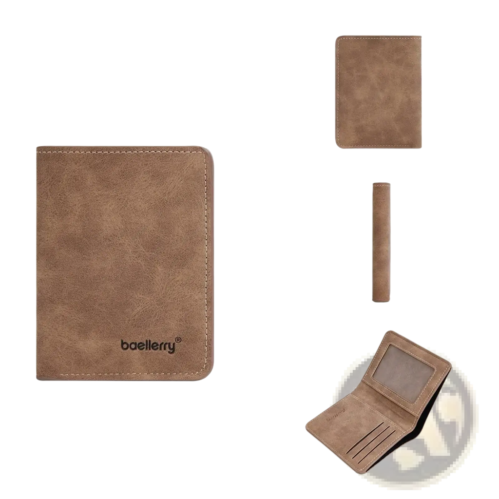 Minimalist leather wallet for men in brown faux leather with stitched edges and clear id window