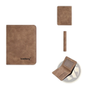 Minimalist leather wallet for men in brown faux leather with stitched edges and clear id window