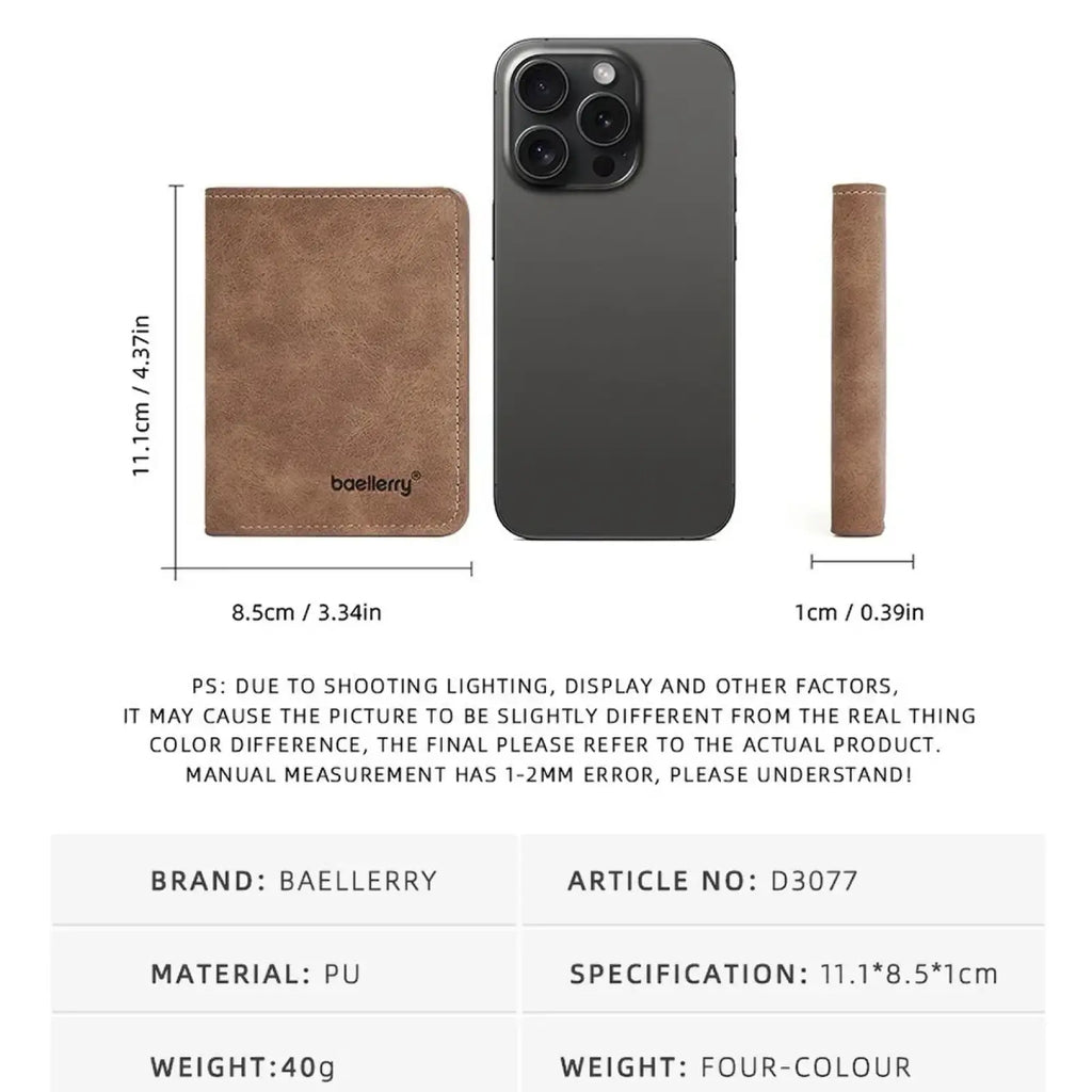 Brown minimalist pu leather wallet for men with baellerry brand name embossed on the front