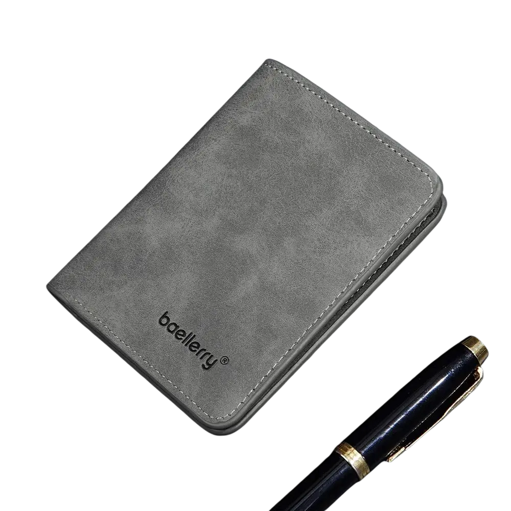 Minimalist leather wallet for men in gray suede with subtle stitching and debossed baellerry logo