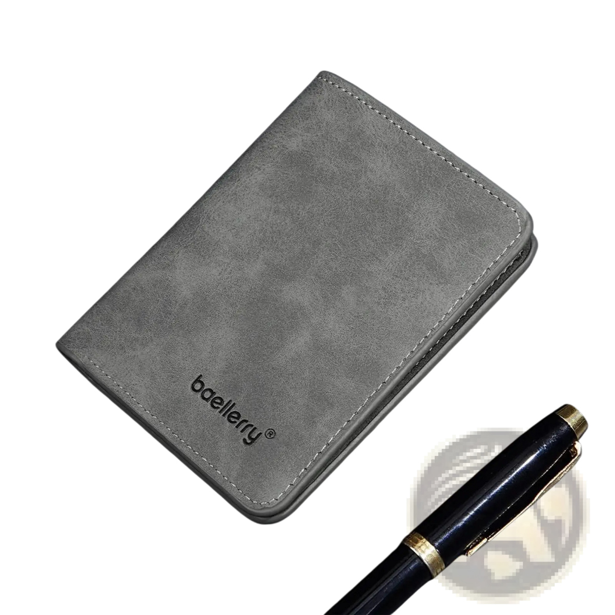 Minimalist leather wallet for men in gray suede with subtle stitching and debossed baellerry logo
