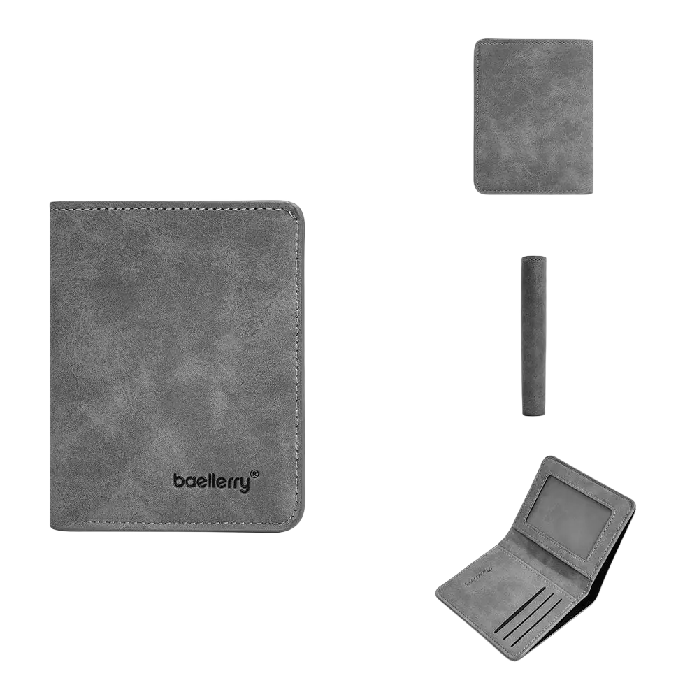 Minimalist leather wallet for men in gray with textured surface subtle stitching and baellerry logo on the front