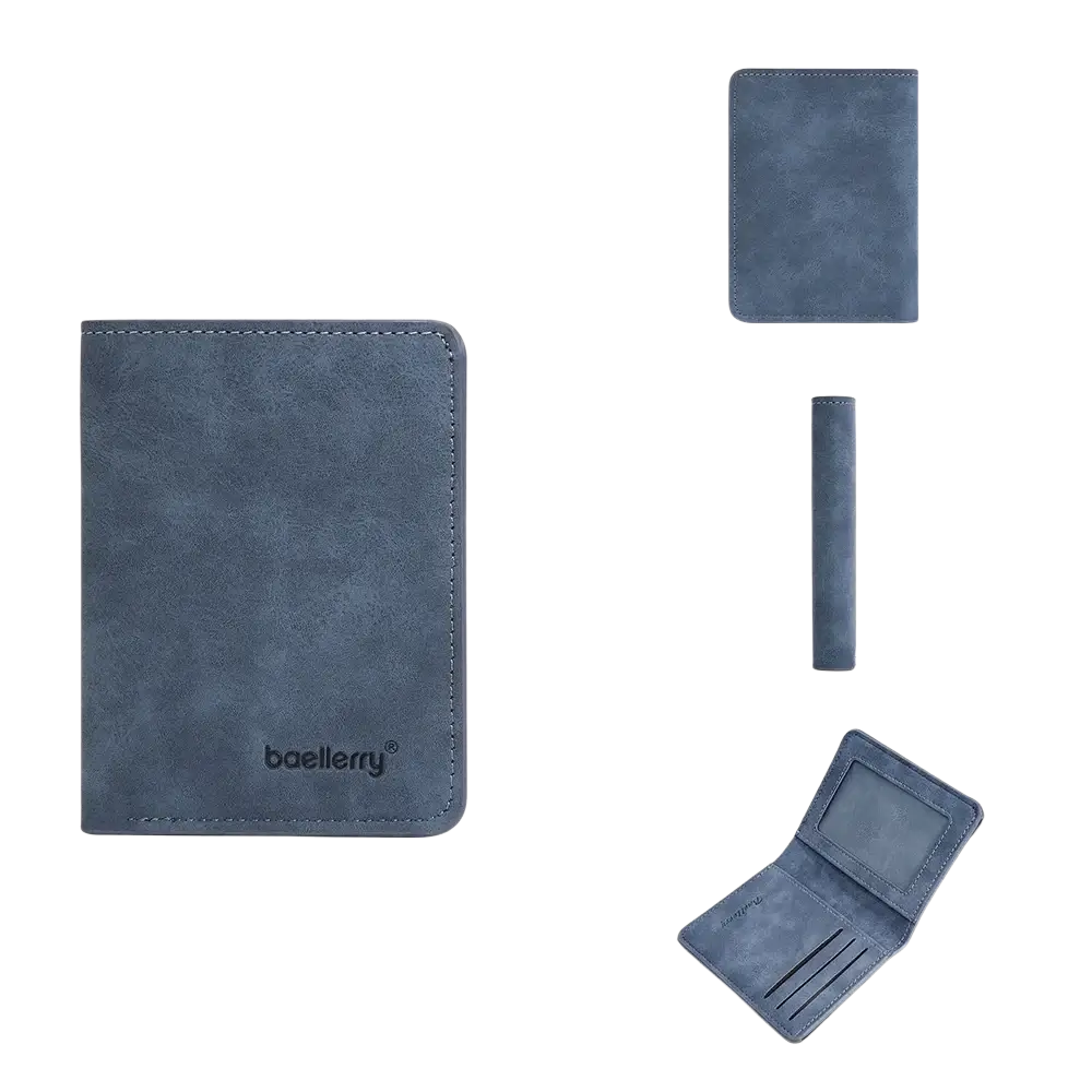 A sleek navy blue baellerry minimalist leather wallet for men with a textured matte finish and subtle edge stitching