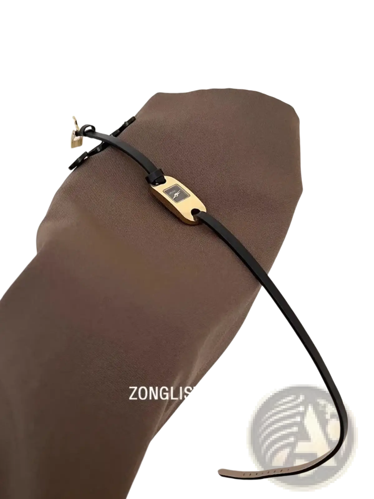 Black leather minimalist watch for women with a gold-tone rectangular buckle featuring an engraved logo
