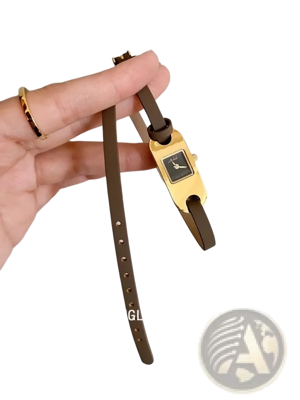 Gold-toned minimalist rectangular leather watch for women with black dial and brown strap quartz dress timepiece