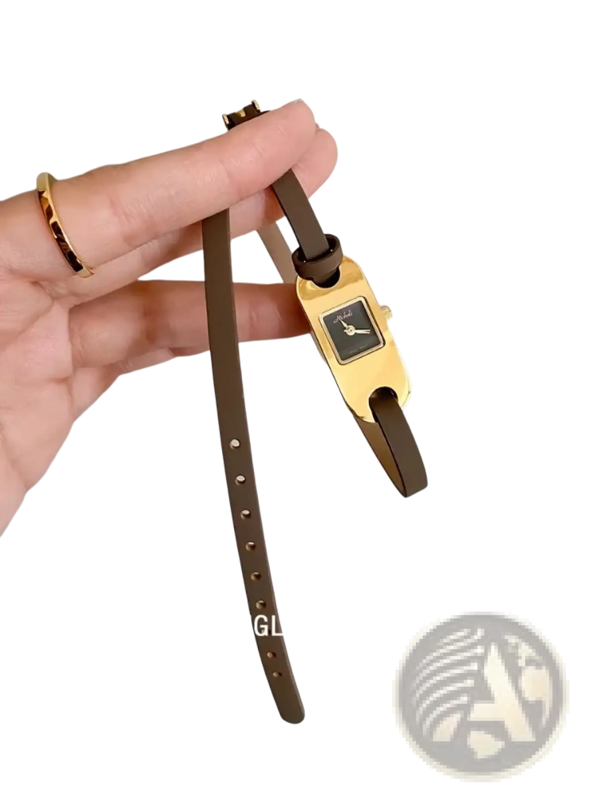 Gold-toned minimalist rectangular leather watch for women with black dial and brown strap quartz dress timepiece
