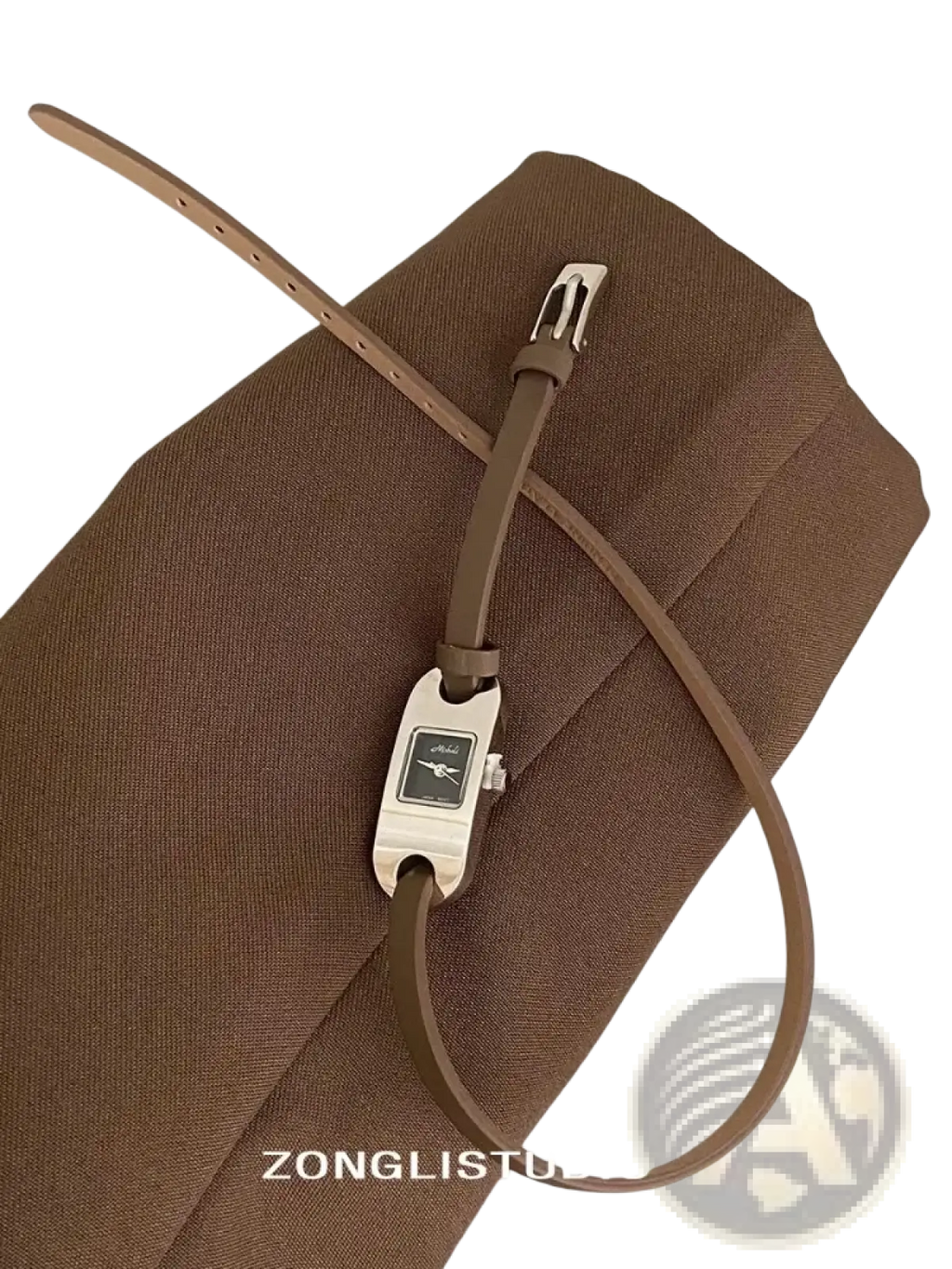 Minimalist leather watch for women with silver-toned case black dial and slender brown leather strap for dress use