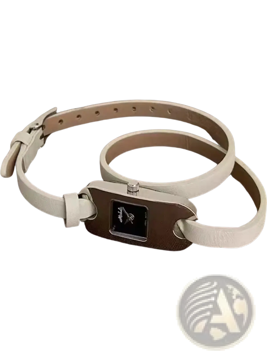 Minimalist leather watch for women with a white leather band, sleek rectangular silver case, and black quartz face