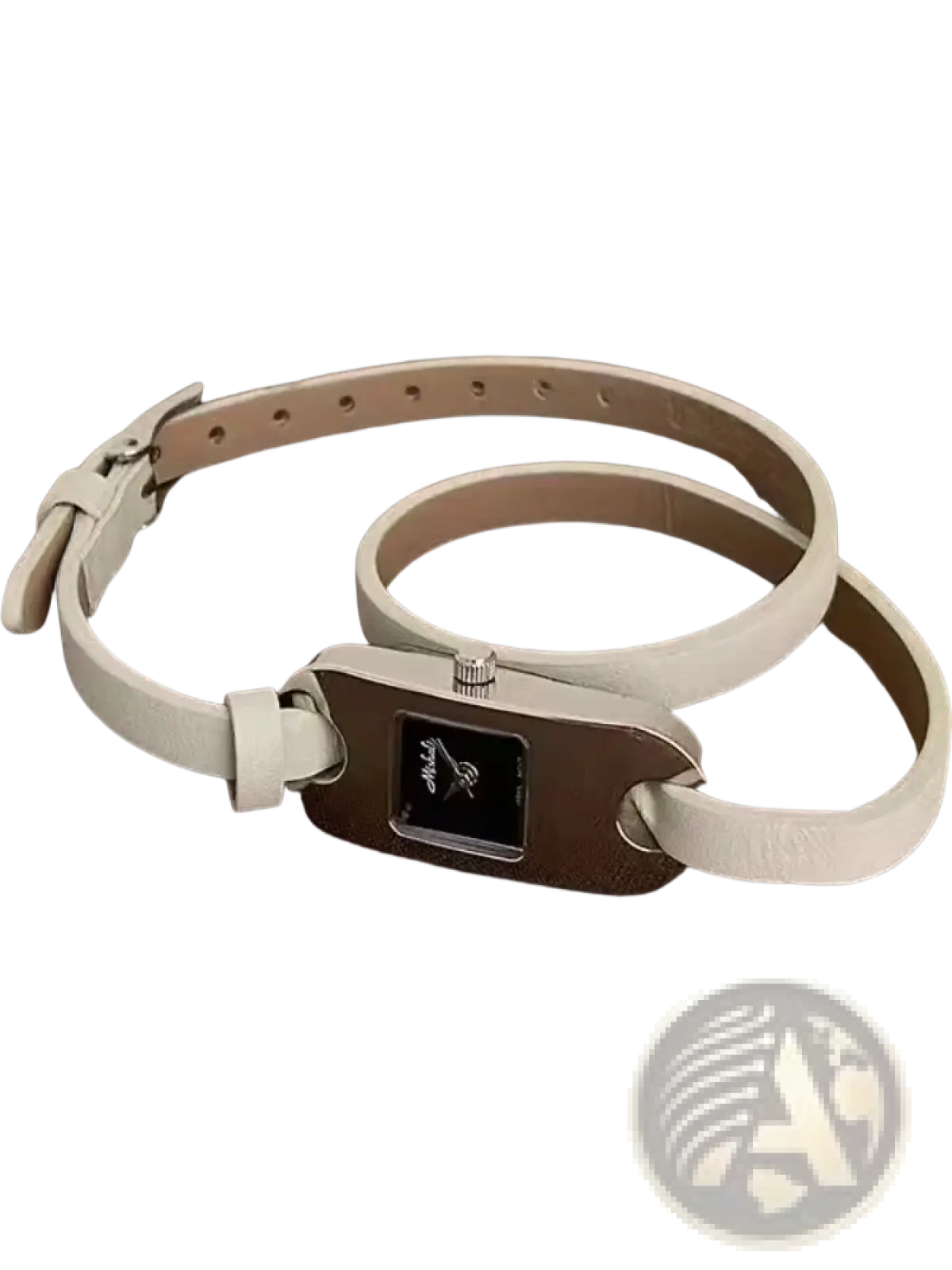 Minimalist leather watch for women with a white leather band, sleek rectangular silver case, and black quartz face