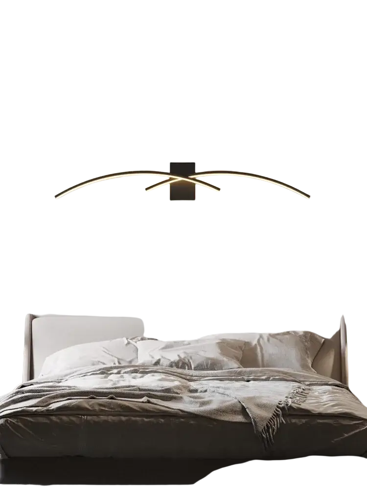 Modern black minimalist led wall sconce with sleek curved arms emitting warm ambient glow mounted on wall