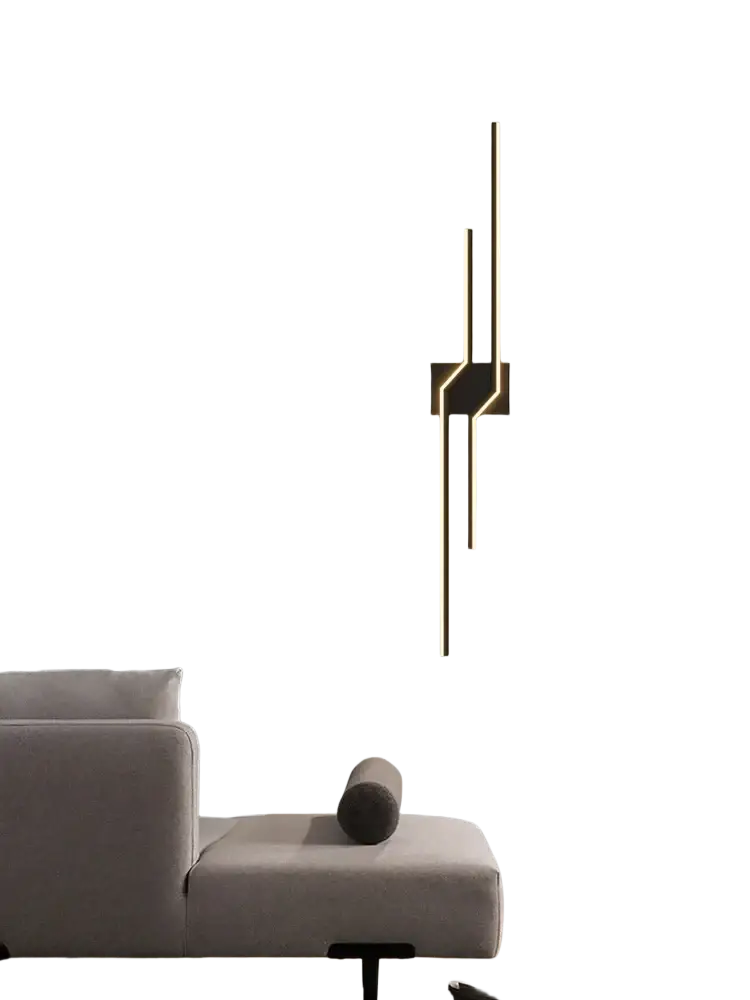 Minimalist led wall sconce with modern gold-toned geometric design and sleek minimalist strip light features