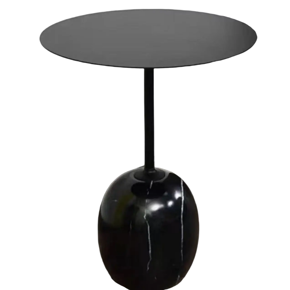 Minimalist marble metal round side table featuring a sleek black marble top and single cylindrical metal leg