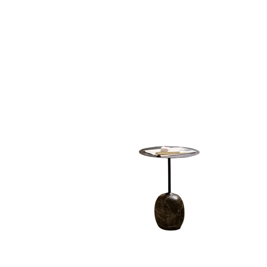 Minimalist marble metal round side table with dark marble finish black metal top and slender pedestal base
