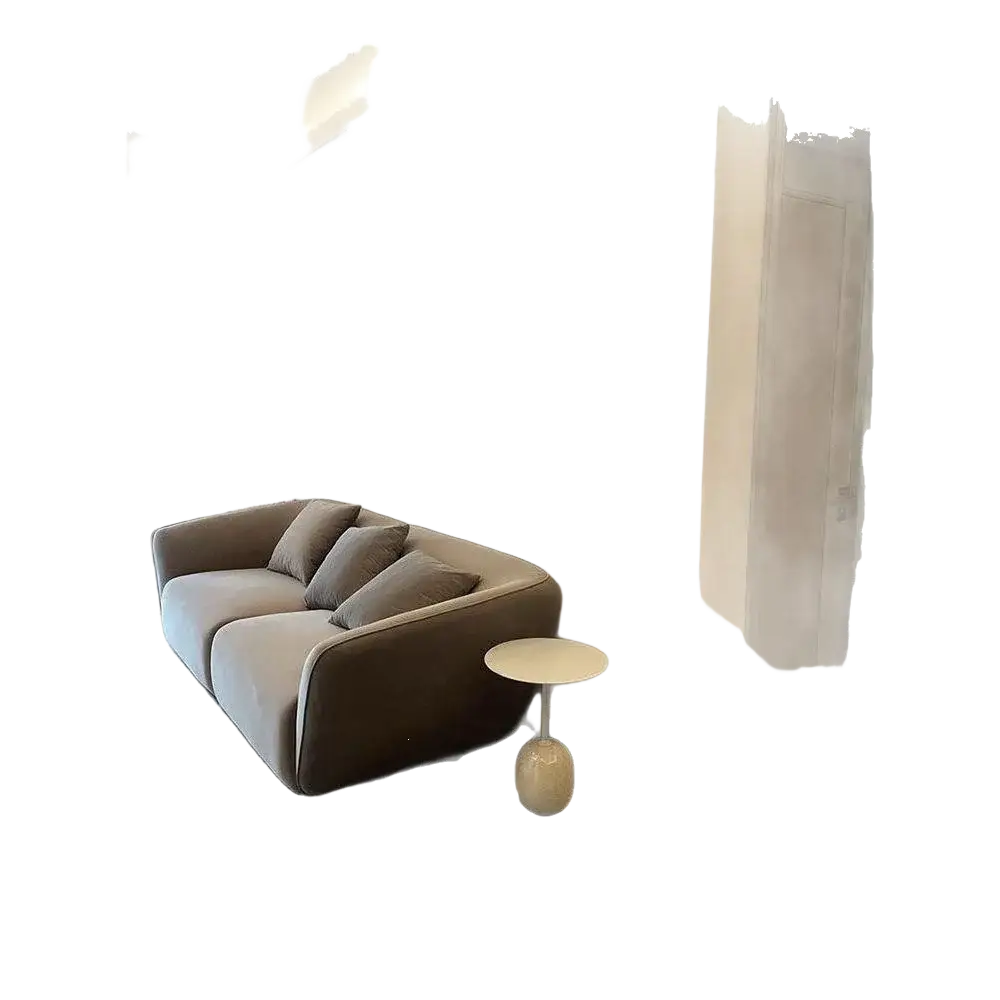 Modern brown upholstered sofa with plush cushions and clean minimalist lines beside a minimalist marble metal round side table