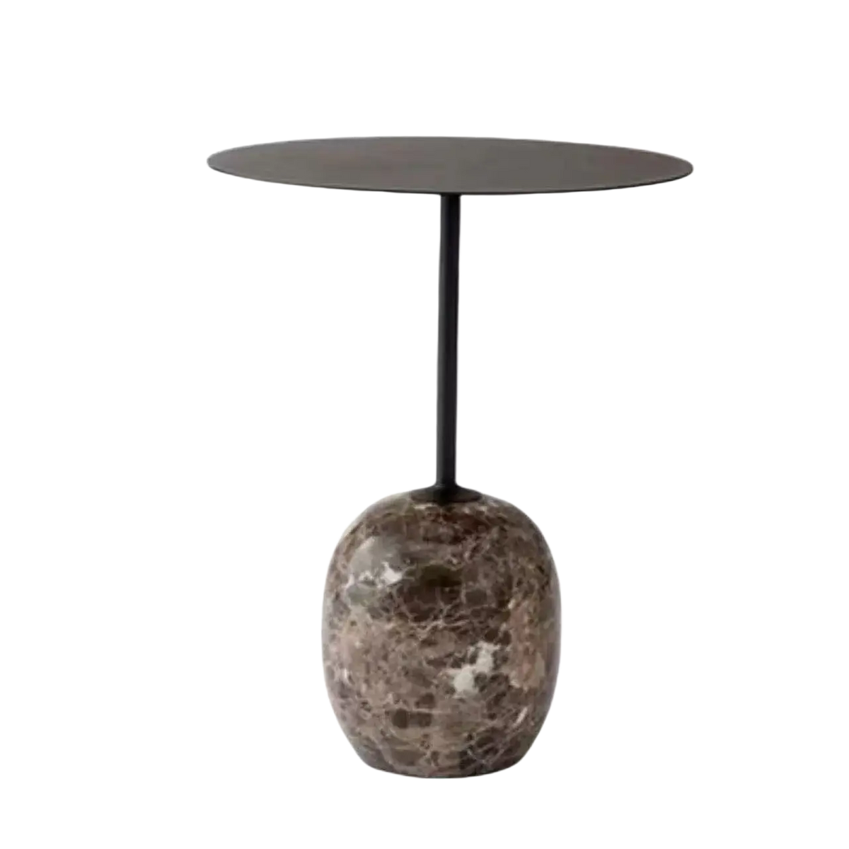 Minimalist marble metal round side table with a black metal top and brown marble oval base for modern living spaces