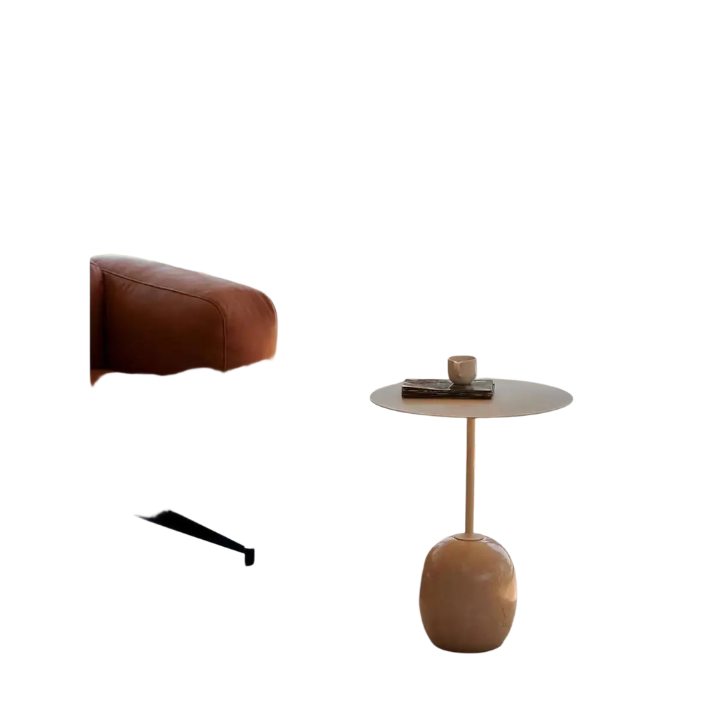 Minimalist marble metal round side table with a matte round top and a sculpted beige ceramic base