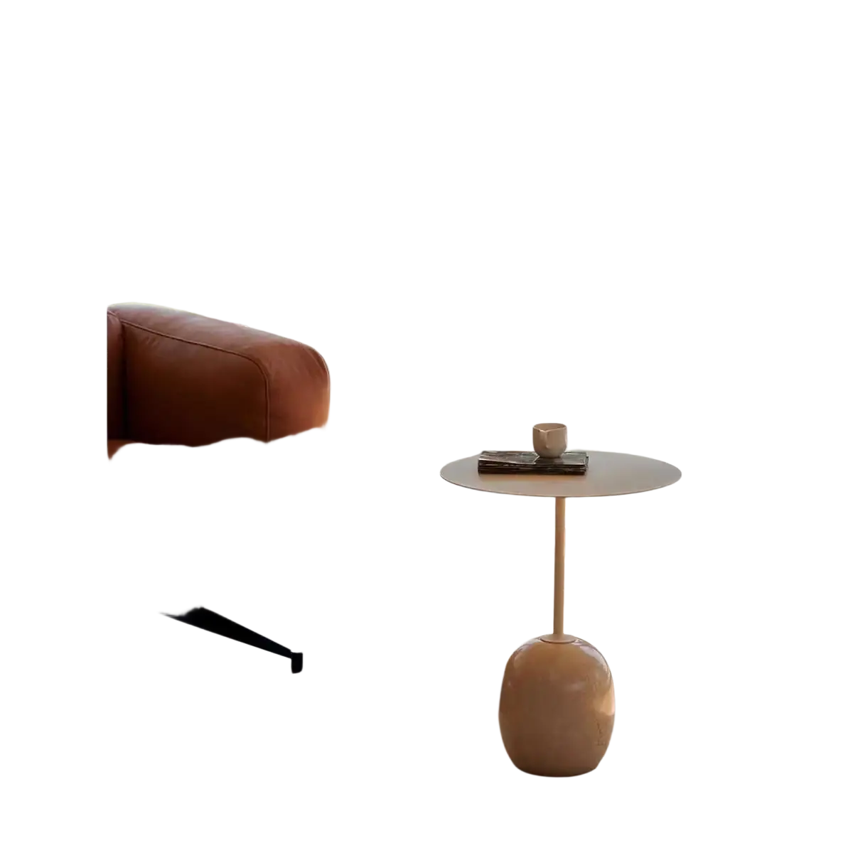 Minimalist marble metal round side table with a matte round top and a sculpted beige ceramic base