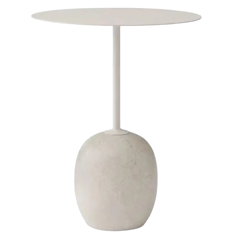 Minimalist white side table with a sleek metal leg and rounded concrete base in the minimalist marble metal round side table design
