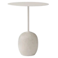 Minimalist white side table with a sleek metal leg and rounded concrete base in the minimalist marble metal round side table design