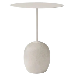Minimalist white side table with a sleek metal leg and rounded concrete base in the minimalist marble metal round side table design