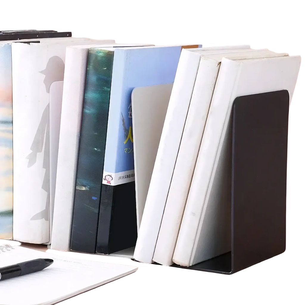 Black metal minimalist L shaped bookend holding a stack of books upright on a desktop