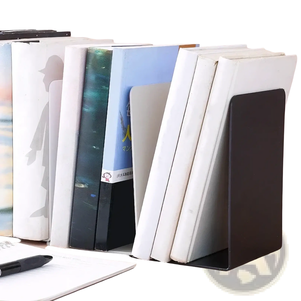 Black metal minimalist L shaped bookend holding a stack of books upright on a desktop