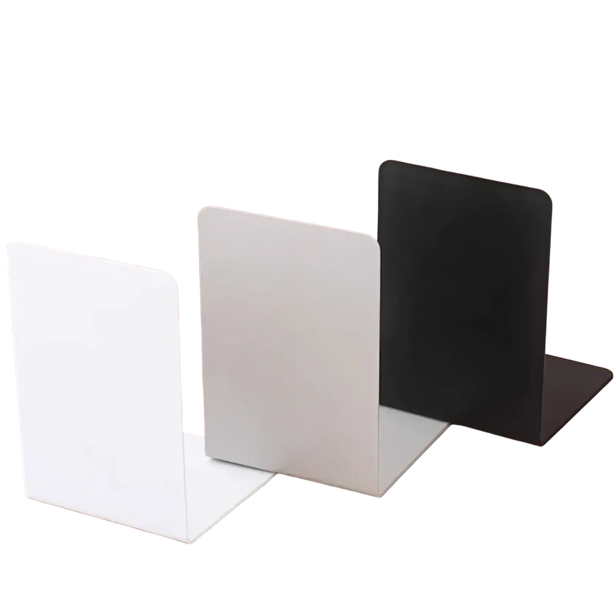 Set of minimalist l shaped metal bookends in white silver and black finishes for desktop use