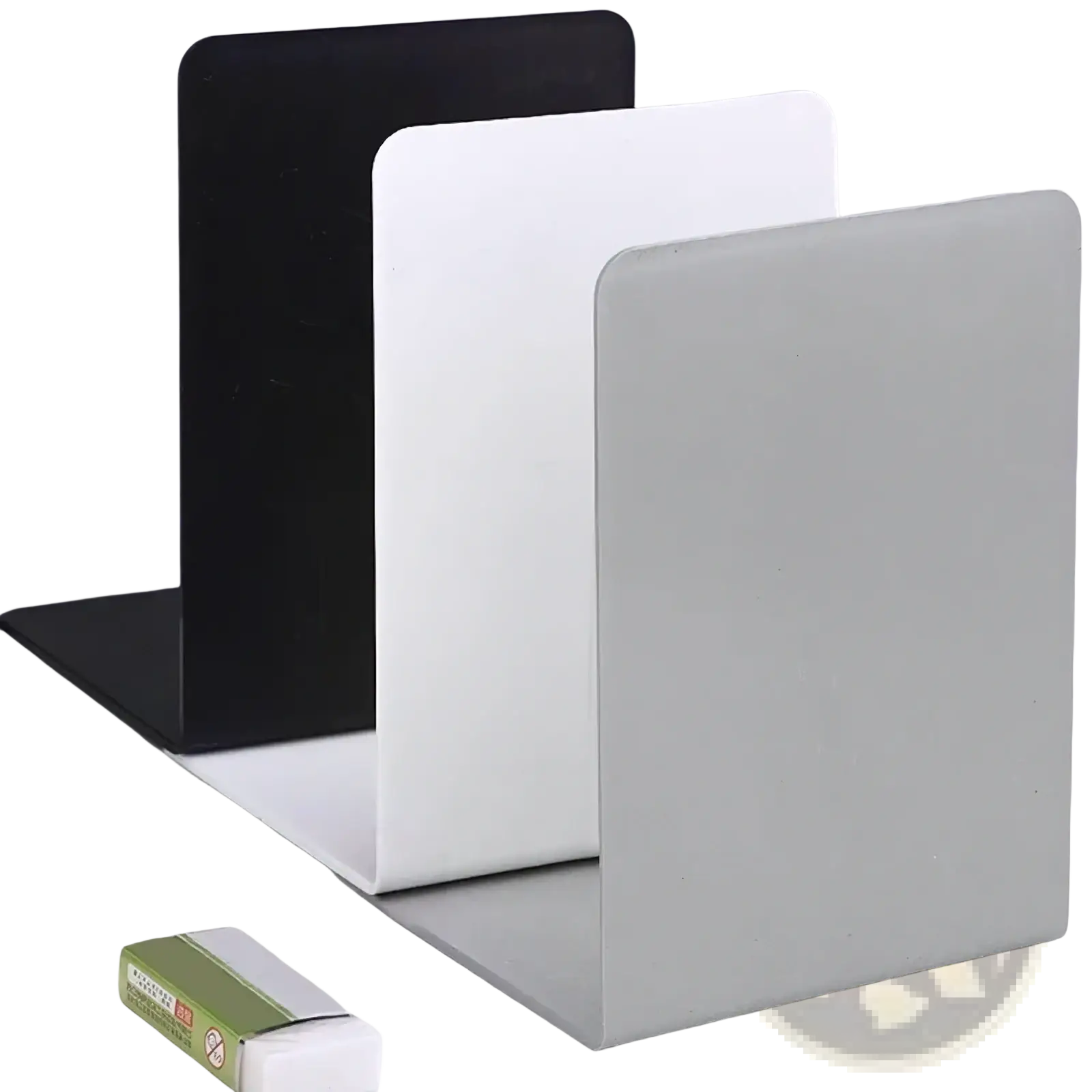 Set of three minimalist metal l shaped bookends in black white and gray for desktop organization