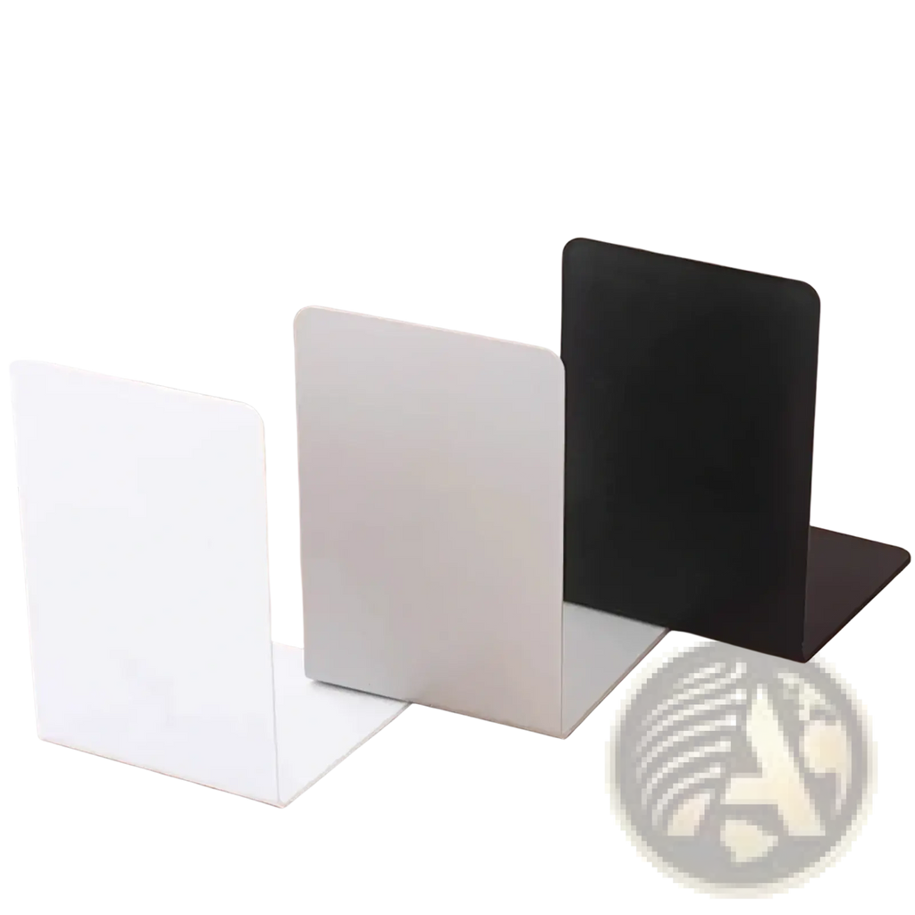 Set of minimalist l shaped metal bookends in white silver and black finishes for desktop use
