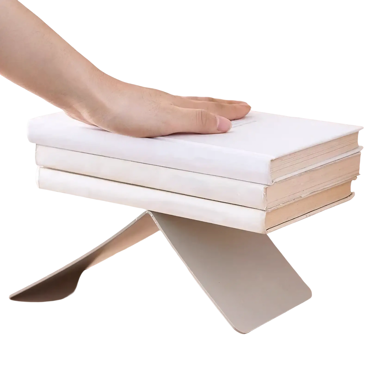 A sleek white thickened sheet metal minimalist l shaped bookend with a sturdy v shaped base for desktop use