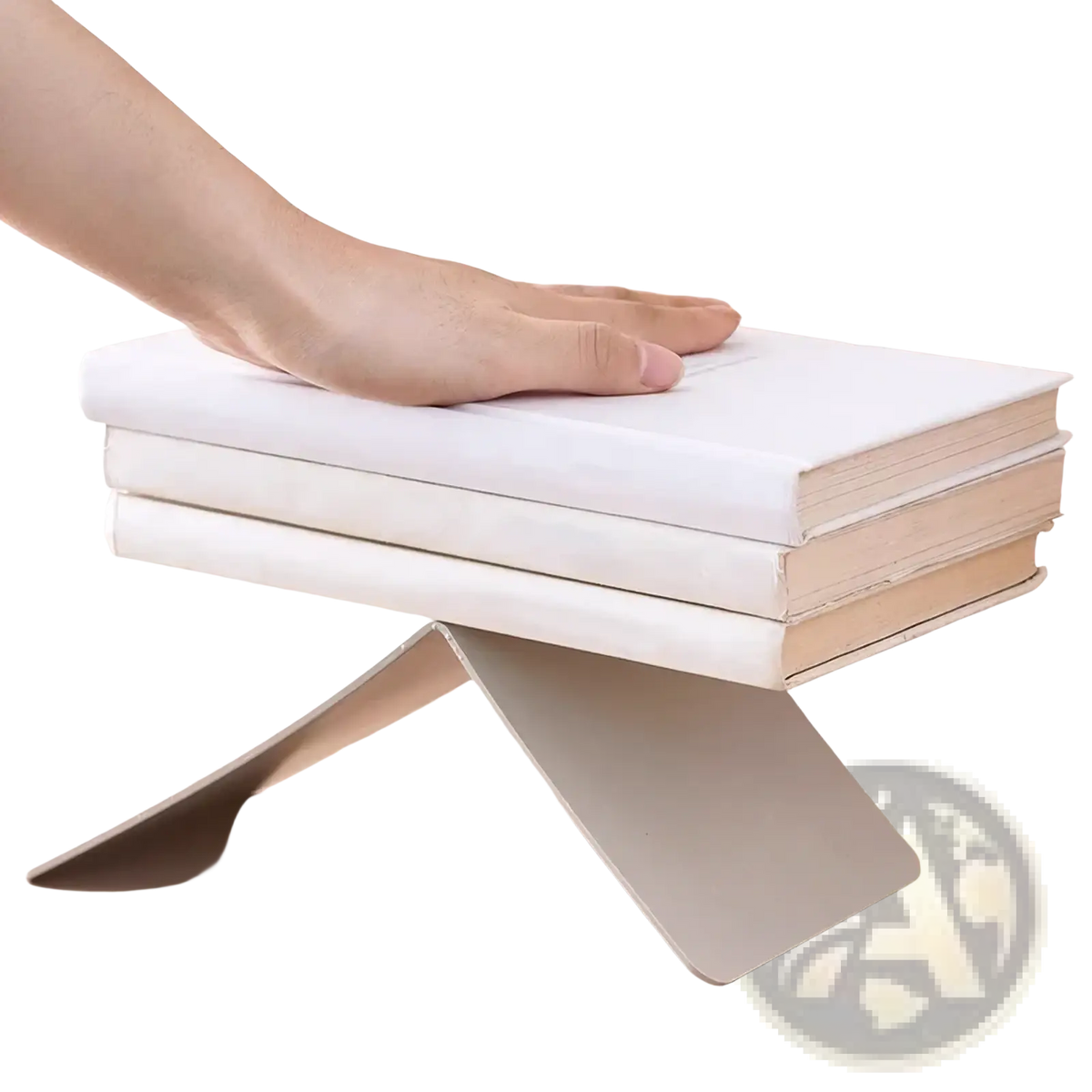 A sleek white thickened sheet metal minimalist l shaped bookend with a sturdy v shaped base for desktop use